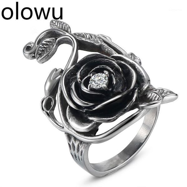 Anelli a fascia Olowu Antique Argento Black Rose Flower Semplice acciaio inox Fascino Finder Anello per le donne regalo di gioielli da uomo