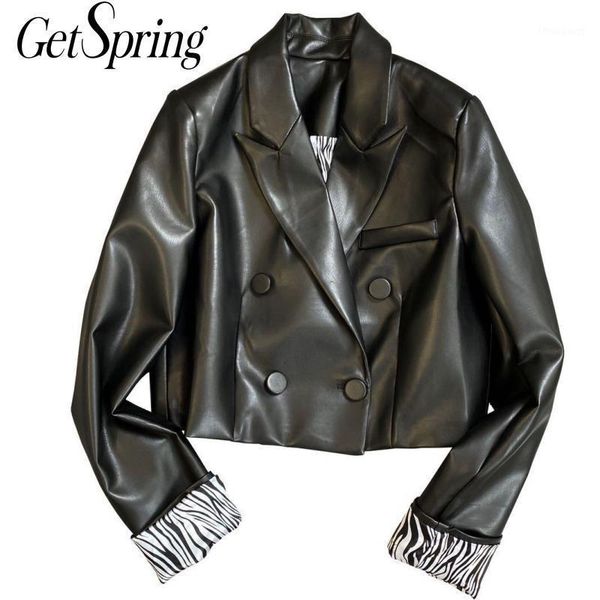 

getspring women leather jacket color matching black short motorcycle jacket women vintage casual jackets winter 2020 new1