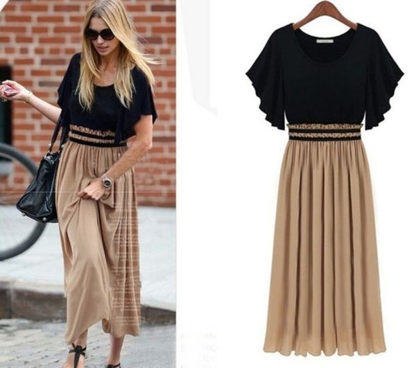 

women's wind knitted chiffon stitching oversize short sleeve waist slim dress, Black;gray