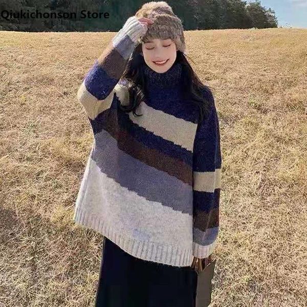 

autumn winter thick turtleneck sweater women korean fashion casual contrast color striped sweaters knitted pullover jumper pull, White;black