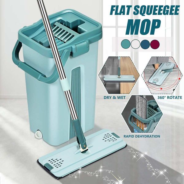 1Set Flat Squeeze Mop and Bucket Hand Free Wringing Floor Cleaning Mop 360 Roatation Automatic Spin Mop Pads Wet Dry Usage LJ201128