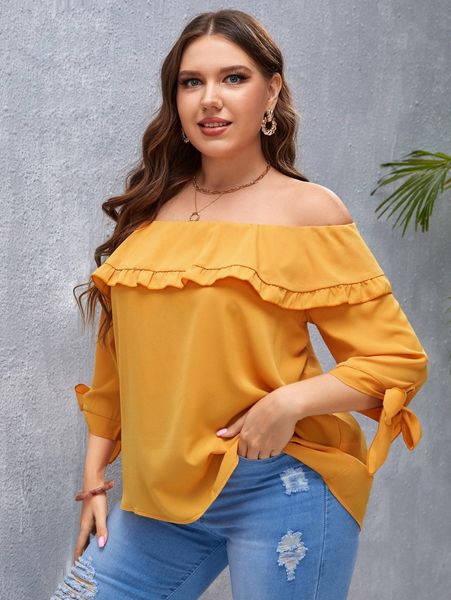 

plus bardot ruffle trim knot cuff blouse 98th#, Black