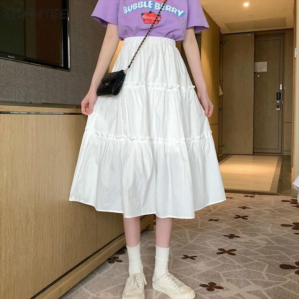 

skirts women solid fungus elastic waist loose ruched midi skirt student harajuku simple fashion casual ins kawaii japanese daily, Black