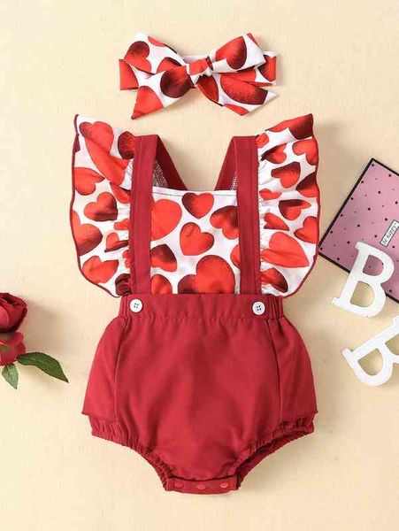 

baby heart print ruffle trim bodysuit & headband she, Blue