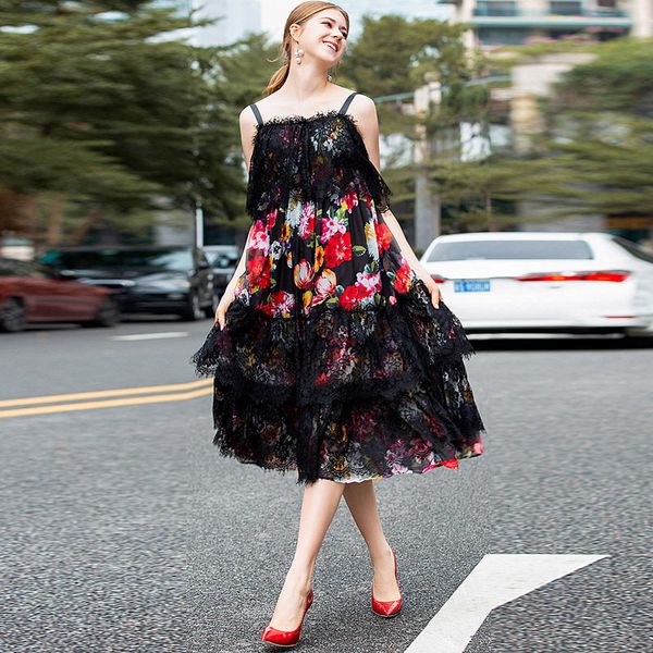 

1211-5 d 2021 paris summer fashion designer women's strap up print loose sewing rents casual dress stamped 9kvq, Black;gray