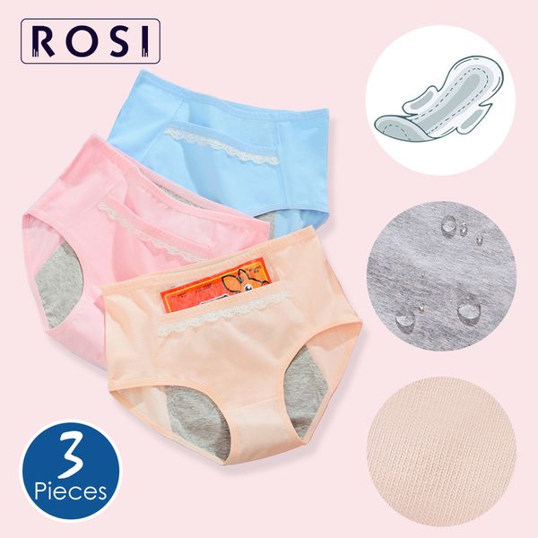 Mutandine mestruali Pantaloni fisiologici a prova di perdite per le donne Biancheria intima del periodo del cotone Slip impermeabili femminili a vita alta 3 pezzi ROSI 201112