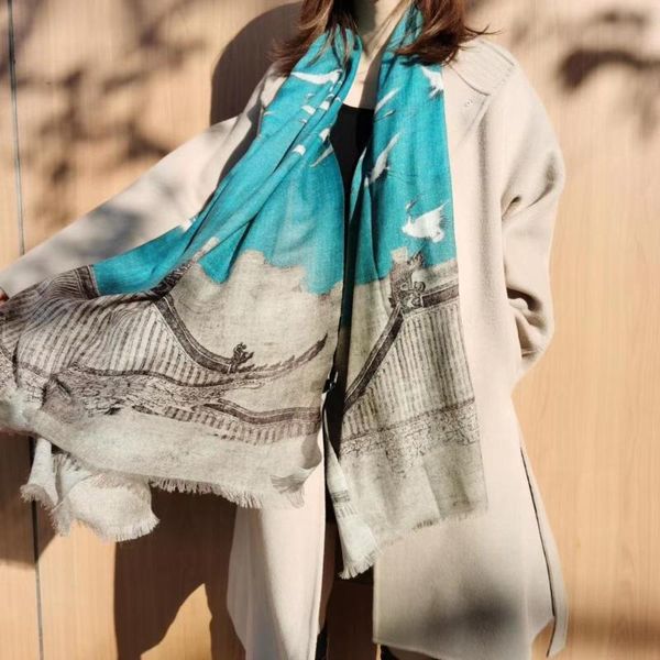 

2020 new winter 100% cashmere scarves wraps printed brand women warm scarves shawls autumn ladie lake blue neck head scarf hijab, Blue;gray