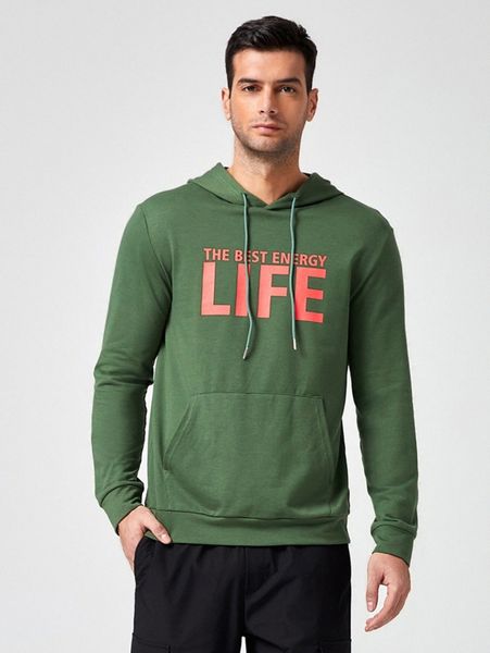 

men slogan graphic kangaroo pocket drawstring hoodie x9ec#, Black