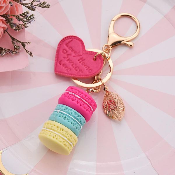 

women new cute macaron cake keychain pu love alloy leaf key chain charm bag pendant key ring party gift jewelry wmttda