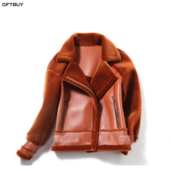 

oftbuy winter jacket women parka real sheep fur wool liner faux leather pu coat moto biker streetwear new fashion outerwear 201029, Black