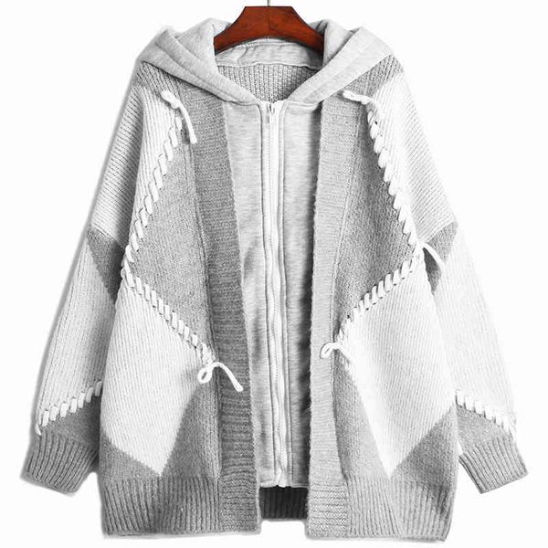 

women's sweaters [eam] khaki pattern big size knitting cardigan sweater loose fit hooded long sleeve women fashion autumn winter 2022 1, White;black