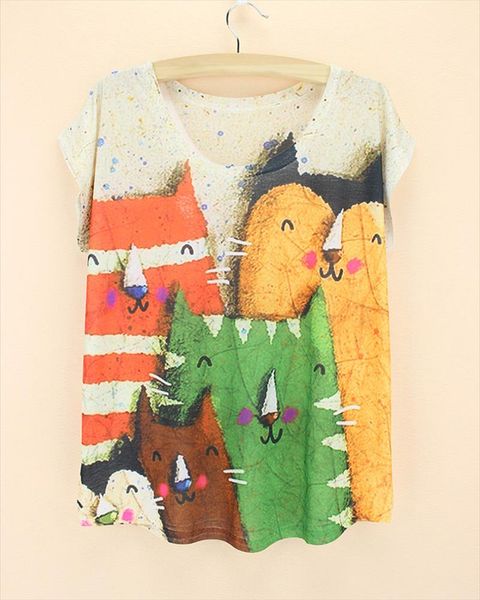 

novelty graffiti cat pattern female t shirt new fashion designer women tees loose style summer tee drop shipping, White