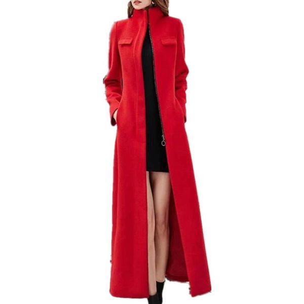 

women's wool & blends red zipper woolen coat 2021 women autumn winter plus size x-long office lady elegant, Black