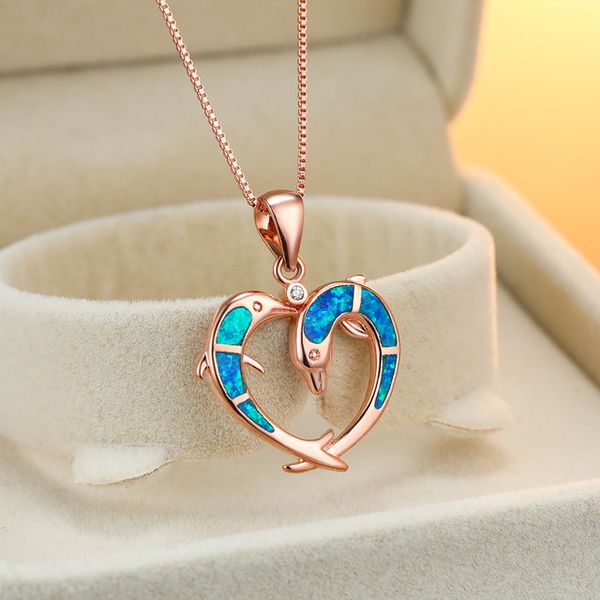 

дельфин в форме сердца опал подвесной женский милый все-матч розовое золото ожерелье, Silver