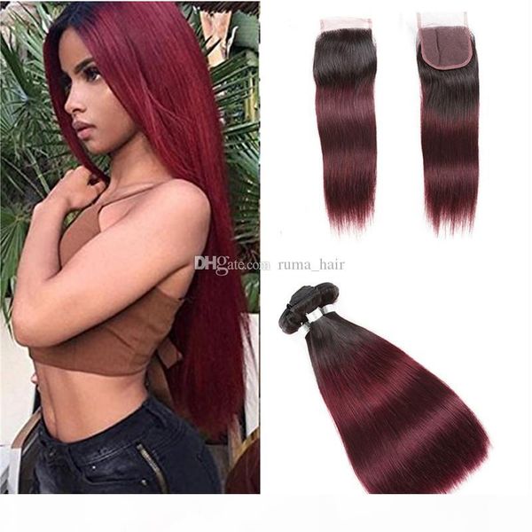 

wine red ombre hair with lace closure two tone straight virgin hair weave dark root burgundy 3bundles with 4*4 full lace closure, Black;brown