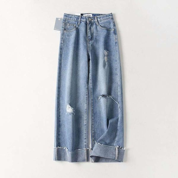 

slim big light blue hole high waist curled leg jeans women's spring and summer wide tube pants