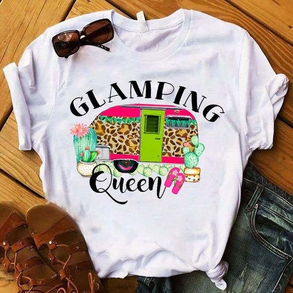 

women lady t shirt camping queen leopard printed tshirt ladies short sleeve tee shirt women female clothes graphic t shirt, White