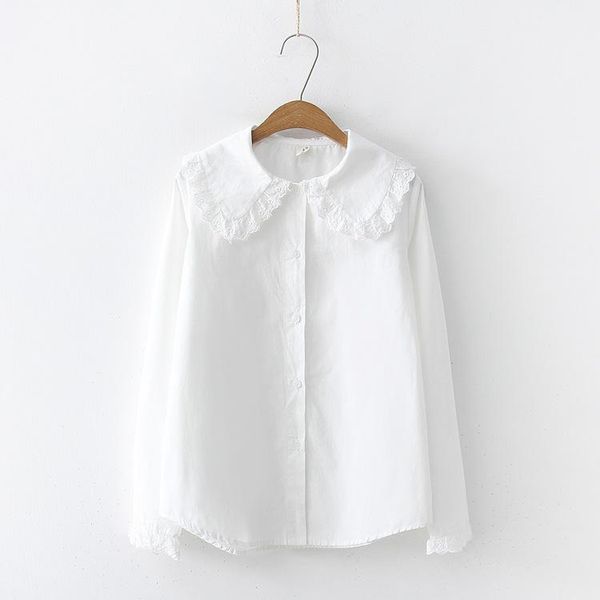 

japanese mori girl women's sweet and cute lace collar all-match solid color long-sleeved blouse shirt 45893, White