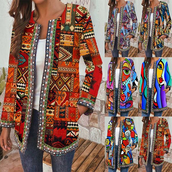 

feminine 2020 fashion of large ethnic dimensions printed trench coat vintage long female sleeve outerwear streetwear w32w, Tan;black