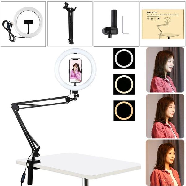 

flashes 20/26cm ring curved light + deskarm stand usb dimmable dual color temperature led vlogging selfie pography video lights