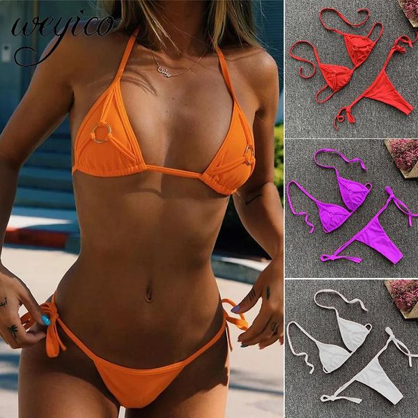 

women bikini set swimsuit solid ring decoration g string bathing suit micro bikinis push up beachwear bodysuit swimwear, White;black