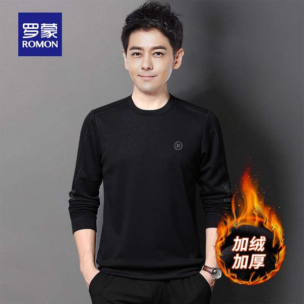 

romon autumn winter style plush sweater leisure trend young and middle-aged warm men's coat round neck loose top, Black