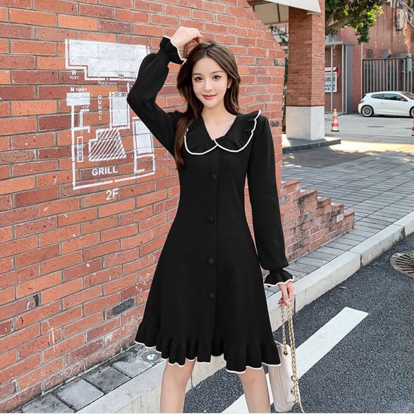 

new 2021 autumn winter short-changed nightgown a short-dressed line feminine long-sleeve red/black female dress y252 td52 13d6, Black;gray