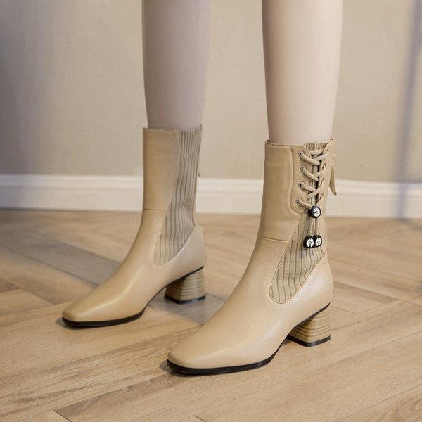 

boots pointed toe ankle women pumps square heel solid color booties winter mid shoes zapatillas mujer 2021, Black