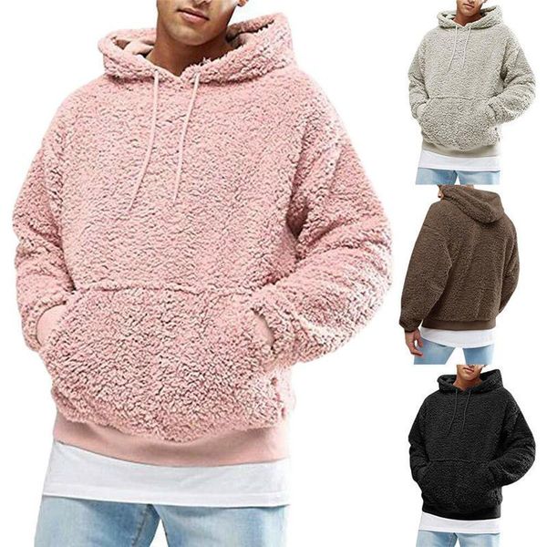 

men warm fluffy hoodie pullover fleece sweatshirts hoodie outwear plus size autumn winter hooded solid coat jumper, Black
