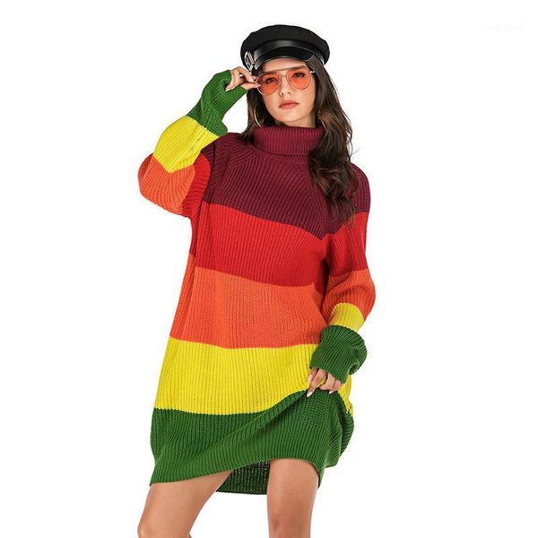 

2020 women's turtleneck warm sweaters dress autumn winter large size knitted pullovers striped wooly jumpers loose long clothes1, White;black