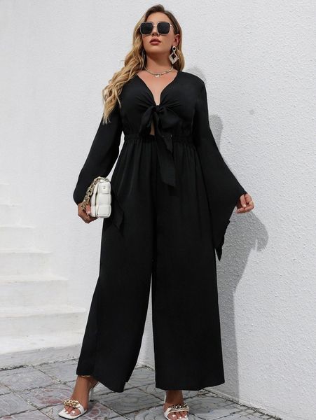 

plus knot front trumpet sleeve wide leg jumpsuit n2us#, Black
