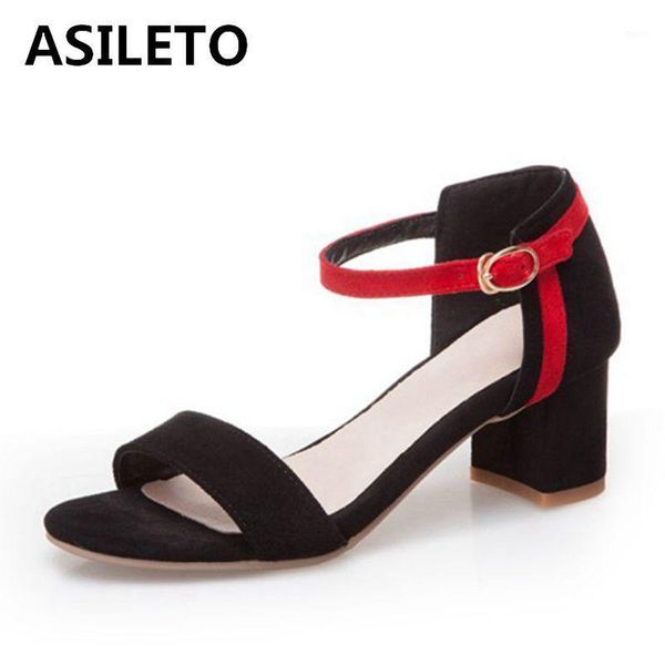 

asileto big size 45 46 summer heels sandals women middle heel buckle strap open toe flock casual shoes sandalia feminina roman1, Black