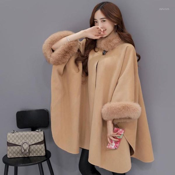 

women fur collar long wool coat elegant women cloak shawl jacket plus size female winter outwear new bigsweety1, Black