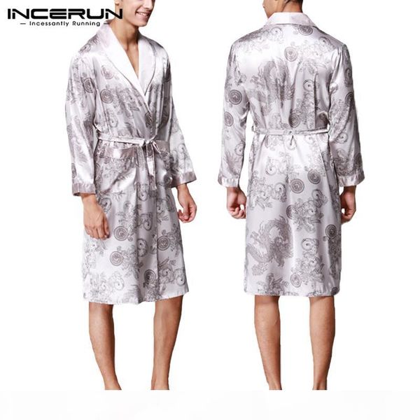 

incerun fashion satin silk pajamas mens robe long sleeves bathrobe lucky chinese dragon print gown bathrobe sleepwear lounge1, Black;brown