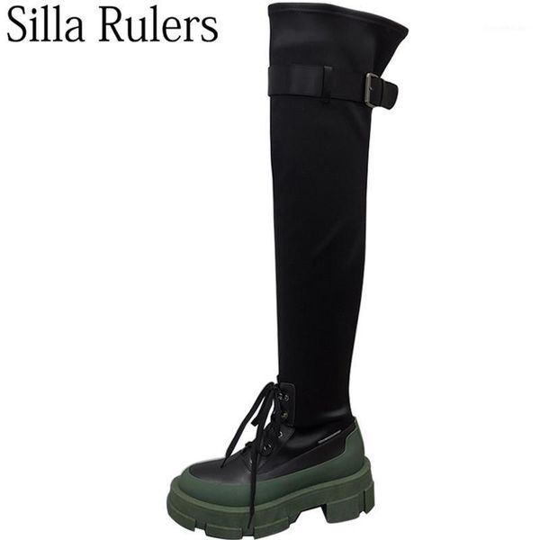 

boots runway green thick sole over the knee woman elastic stretch long belt lace up for 20211, Black