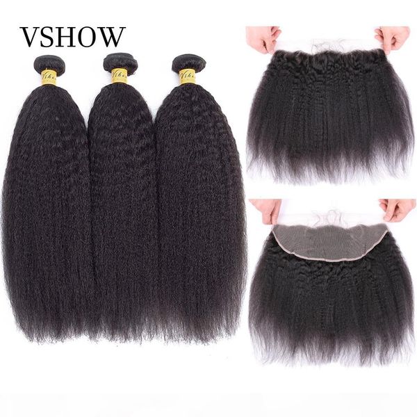 

vshow kinky straight hair 3 bundles with 13x4 lace frontal brazilian yaki remy hair pre pluck lace frontal closure with bundles, Black