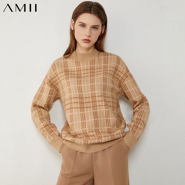 

amii minimalism autumn winter women sweater vintage plaid loose knitted women's pullover female sweater 12040681 c1120, White;black