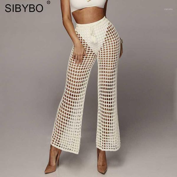 

sibybo women white crochet pants 2019 lace hollow out high waist lace beach loose soft wide leg women trousers1, Black;white