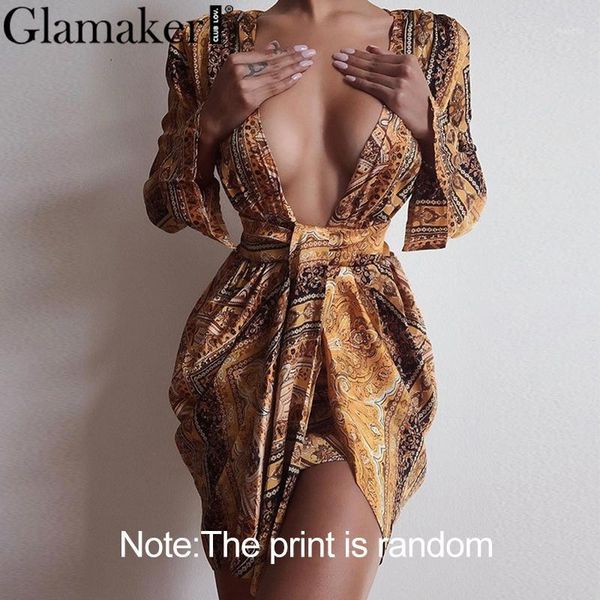 

glamaker gold paisley print bodycon dress women summer long sleeve party club dress retro deep v-neck mini elegant1, Black;gray