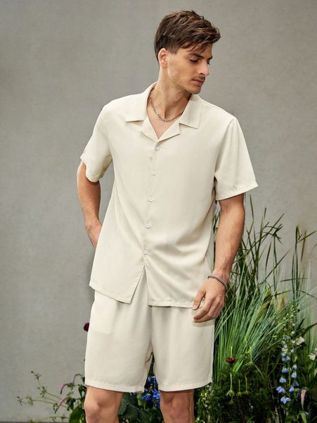 

men solid button front shirt & shorts d6q7#, Gray