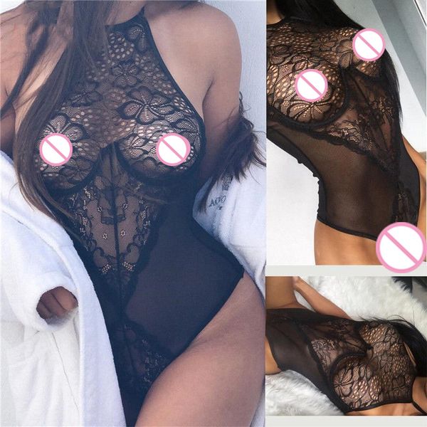 

women black lingerie lace bandage mesh bodysuit chemise halter teddy nightie