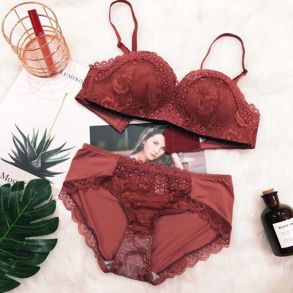 

women lace lingerie female underwear push-up bra and panty set deep v bralette solid flower three quarters girls intimate y200708, Red;black