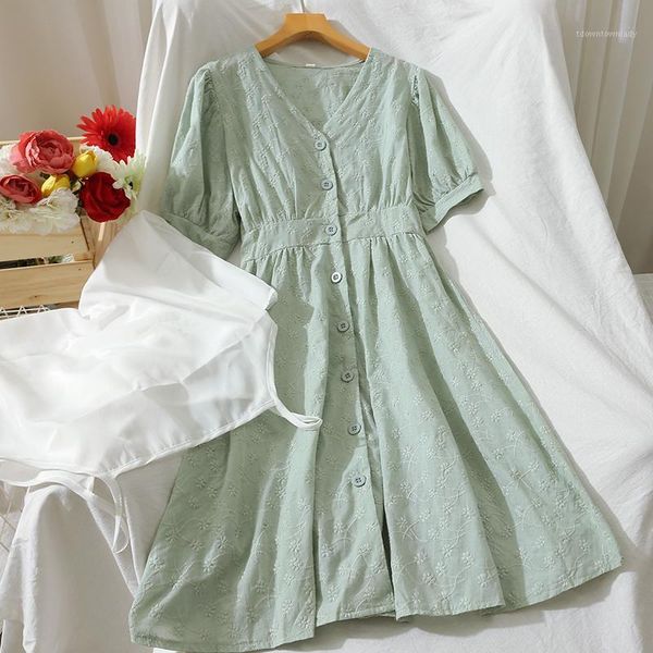 

casual dresses 2021 retro solid color v-neck high waist short sleeve dress single-breasted bellflower dress1, Black;gray