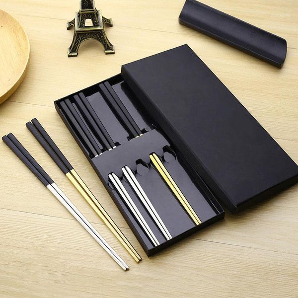 

wholesale- 5 pairs high-grade 304 stainless steel titanium plating black head square chopsticks with box korean chop sticks gift1