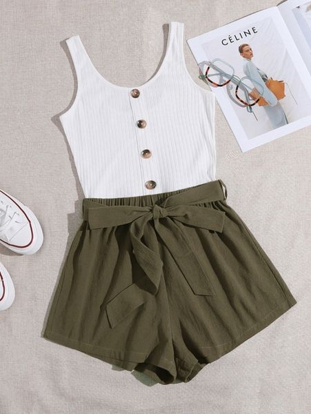 

button front colorblock belted combo tank romper 50mb#, White