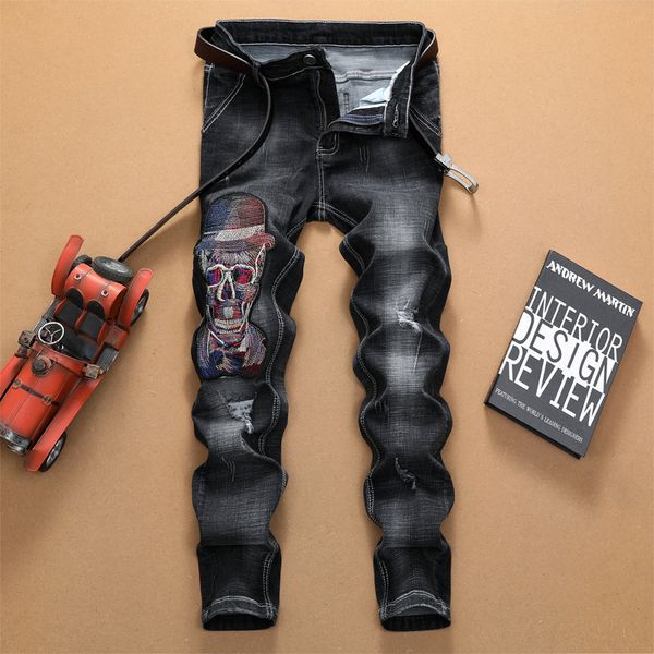 

fashion men's ny knee hole zipper vintage embroidery casual ripped jeans for men plus size, Blue