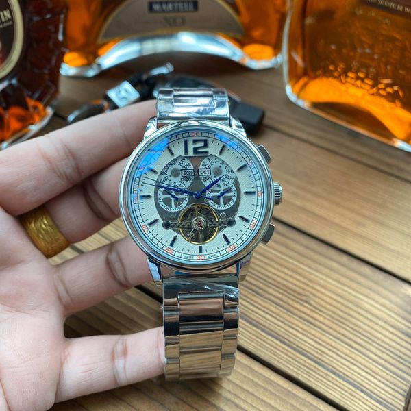 

luxury business mens watches all sub-dials work movement watch daydate stainless steel band mechanical automatic wristwatches for men gift r, Slivery;brown