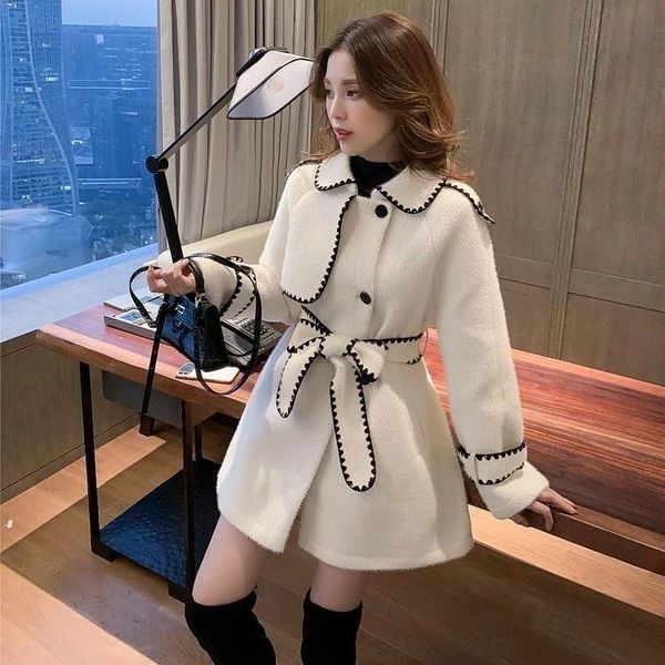 

women's wool & blends korean woolen coat 2021 winter style contrast lapel mid length mink like thick, Black