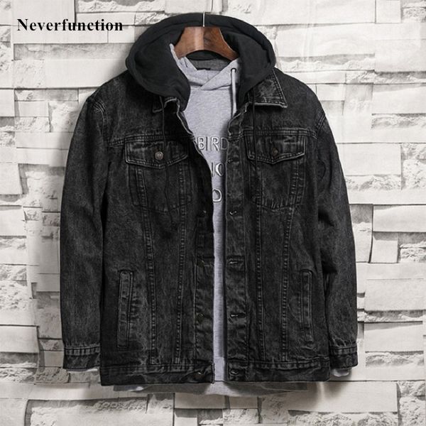 

2019 men autumn winter retro snowflake wash black hooded jean jacket streetwear motorcycle casual denim jackets coat outerwear, Black;brown