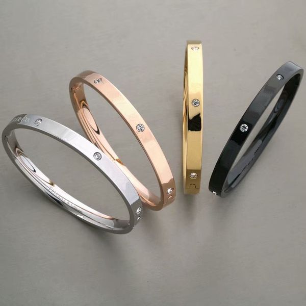

europe america fashion style lady women titanium steel engraved t letter settings six diamond bangle bracelet 4 color, Black